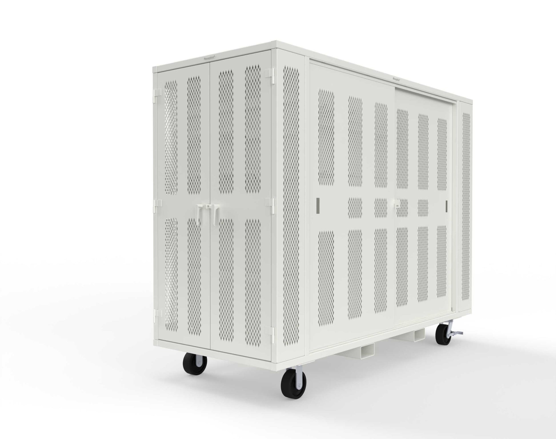 Extreme Duty Mobile Rigging Cabinet with 2 sets of 2 Ventilated Sliding Doors and 2 sets of 2 Ventilated Swing Doors with Short and Long Hangers  - 122 in. W x 50 in. D x 100 in. H - 10.27.6-4V-500-2SLD-2ED-40SH-16LH-FLP-CA-9003
