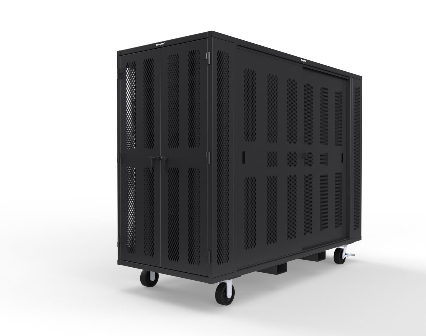 Extreme Duty Mobile Rigging Cabinet with 2 sets of 2 Ventilated Sliding Doors and 2 sets of 2 Ventilated Swing Doors with Short and Long Hangers  - 122 in. W x 50 in. D x 100 in. H - 10.27.6-4V-500-2SLD-2ED-40SH-16LH-FLP-CA-9005