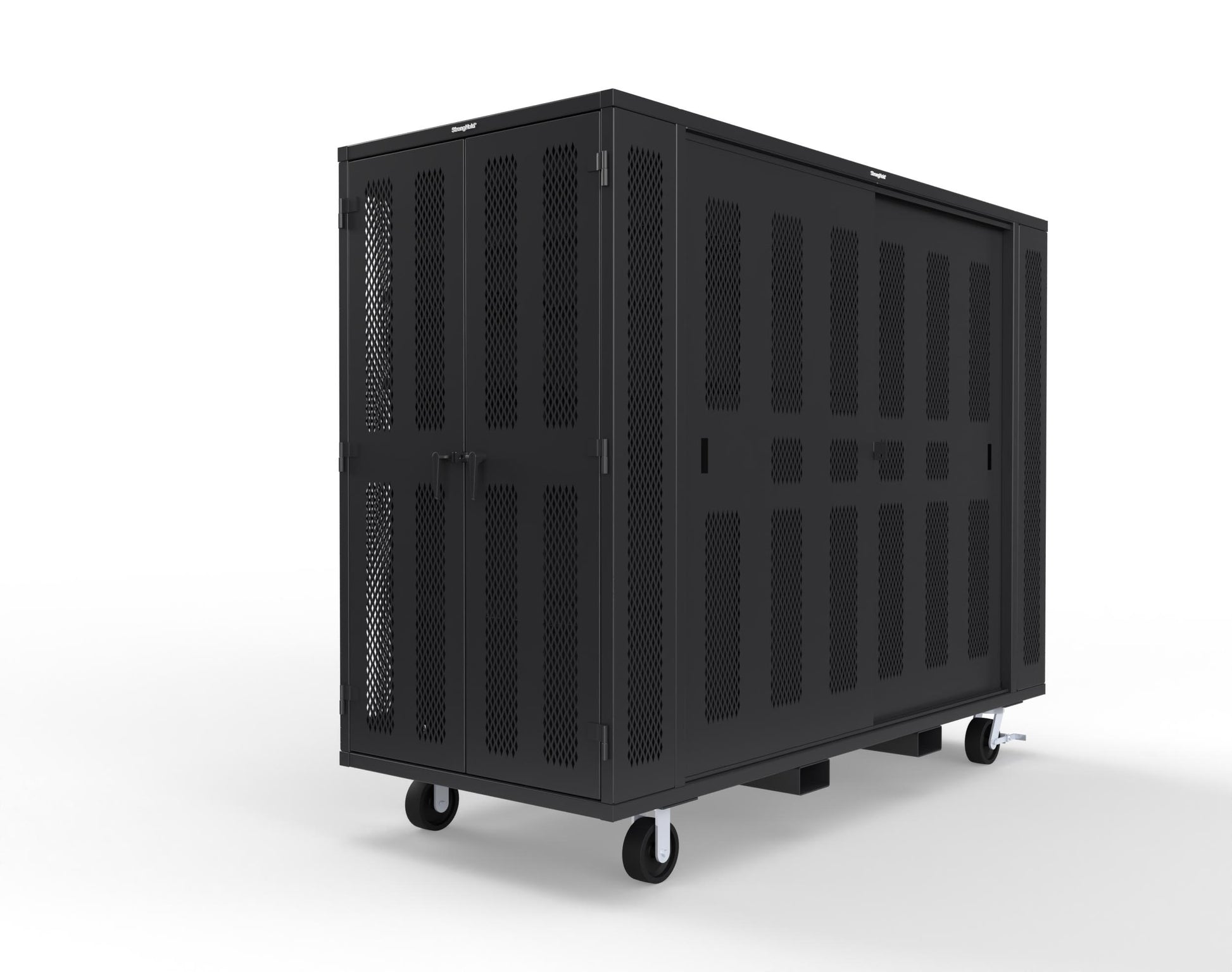 Extreme Duty Mobile Rigging Cabinet with 2 sets of 2 Ventilated Sliding Doors and 2 sets of 2 Ventilated Swing Doors with Short and Long Hangers  - 122 in. W x 50 in. D x 100 in. H - 10.27.6-4V-500-2SLD-2ED-40SH-16LH-FLP-CA-9005
