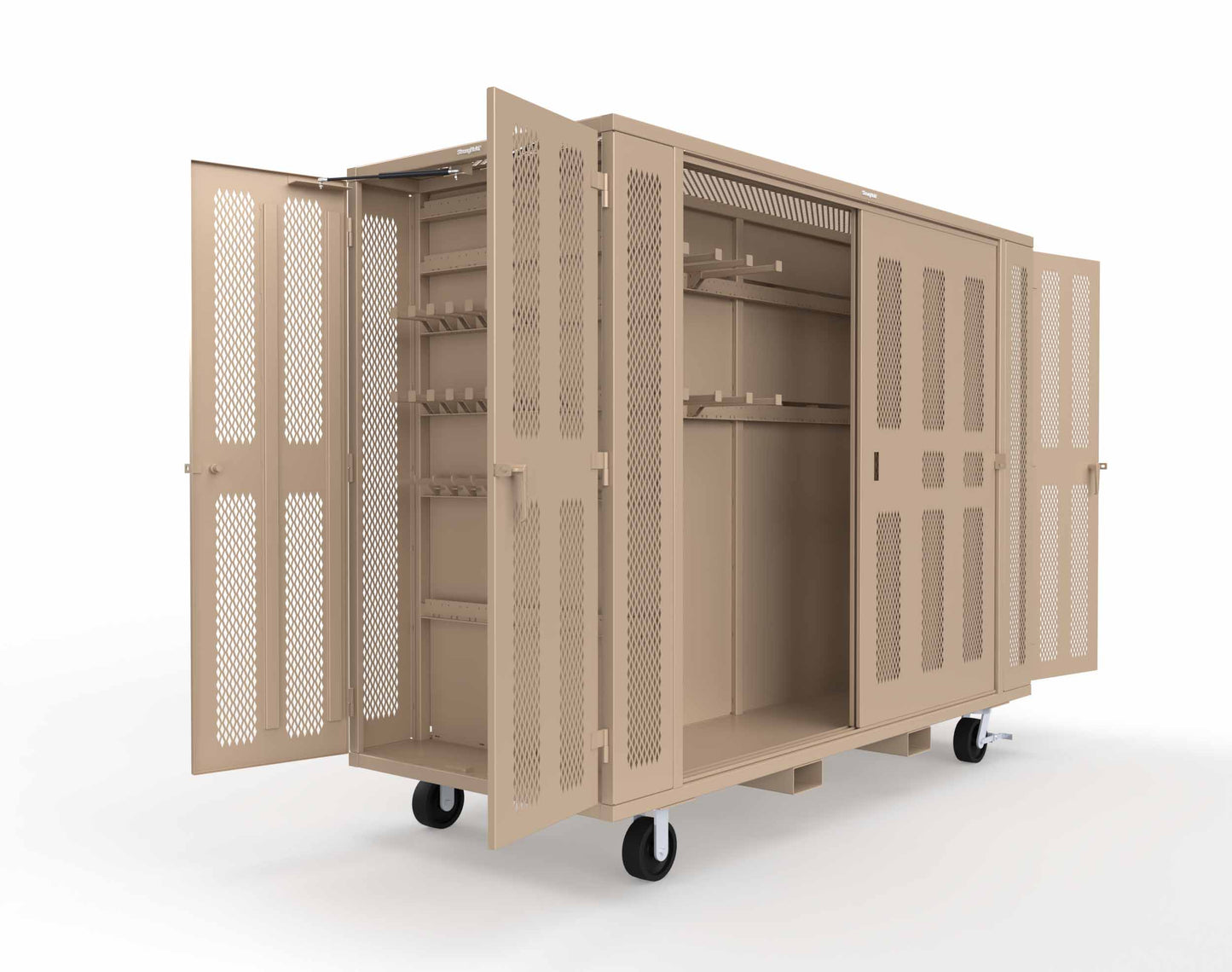 Extreme Duty Mobile Rigging Cabinet with 2 sets of 2 Ventilated Sliding Doors and 2 sets of 2 Ventilated Swing Doors with Short and Long Hangers  - 122 in. W x 50 in. D x 100 in. H - 10.27.6-4V-500-2SLD-2ED-40SH-16LH-FLP-CA-1019