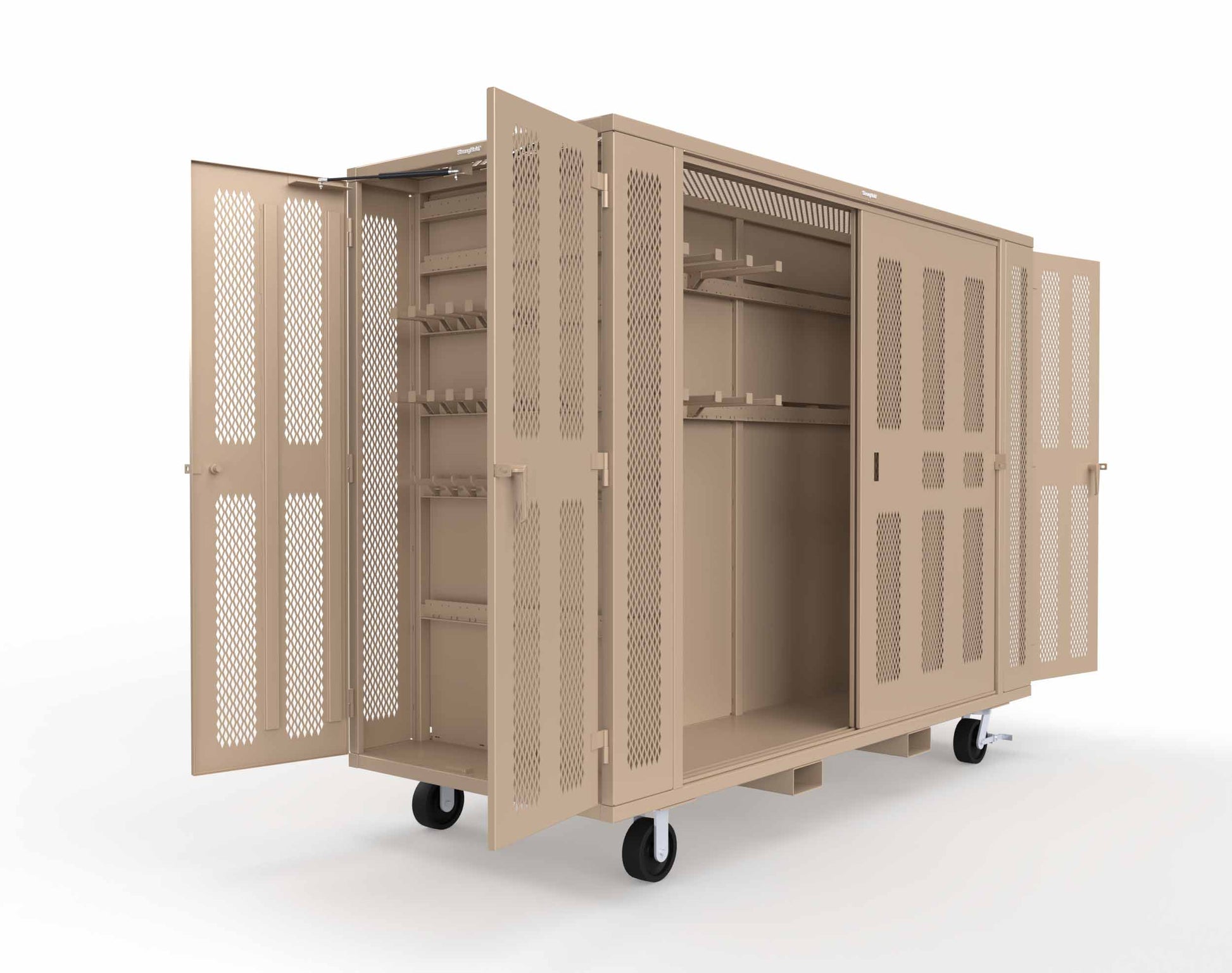 Extreme Duty Mobile Rigging Cabinet with 2 sets of 2 Ventilated Sliding Doors and 2 sets of 2 Ventilated Swing Doors with Short and Long Hangers  - 122 in. W x 50 in. D x 100 in. H - 10.27.6-4V-500-2SLD-2ED-40SH-16LH-FLP-CA-1019