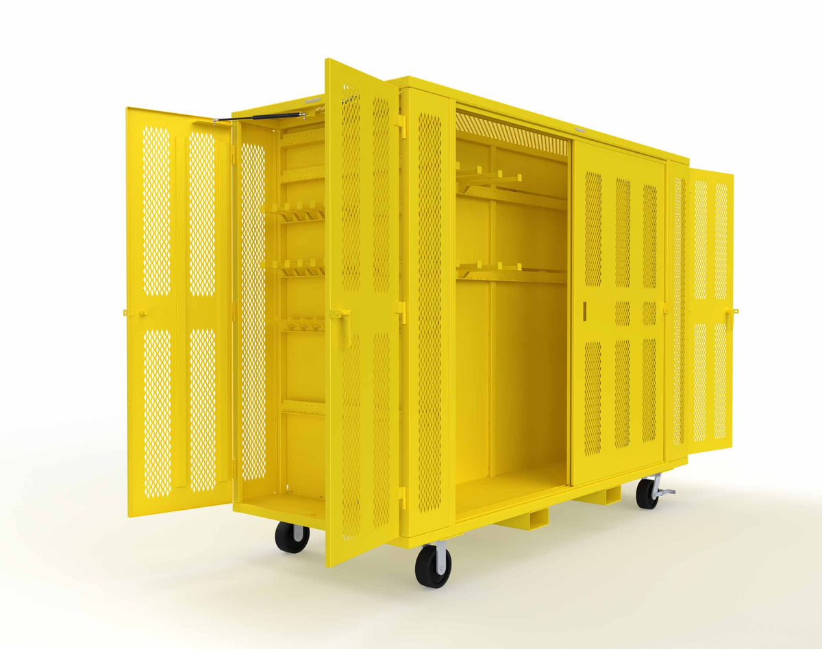 Extreme Duty Mobile Rigging Cabinet with 2 sets of 2 Ventilated Sliding Doors and 2 sets of 2 Ventilated Swing Doors with Short and Long Hangers - 122 in. W x 50 in. D x 100 in. H - 10.27.6-4V-500-2SLD-2ED-40SH-16LH-FLP-CA-1023