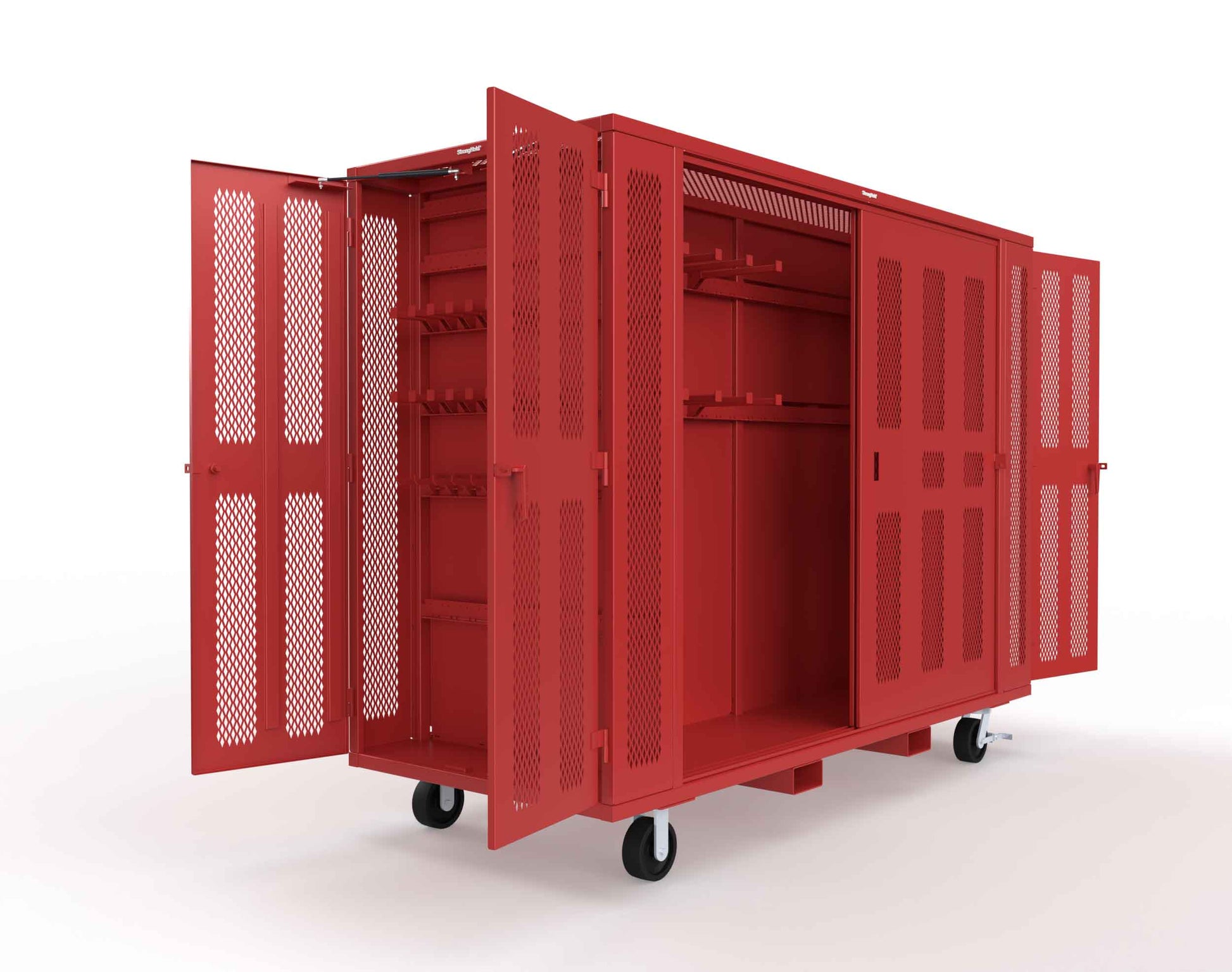 Extreme Duty Mobile Rigging Cabinet with 2 sets of 2 Ventilated Sliding Doors and 2 sets of 2 Ventilated Swing Doors with Short and Long Hangers  - 122 in. W x 50 in. D x 100 in. H - 10.27.6-4V-500-2SLD-2ED-40SH-16LH-FLP-CA-3001