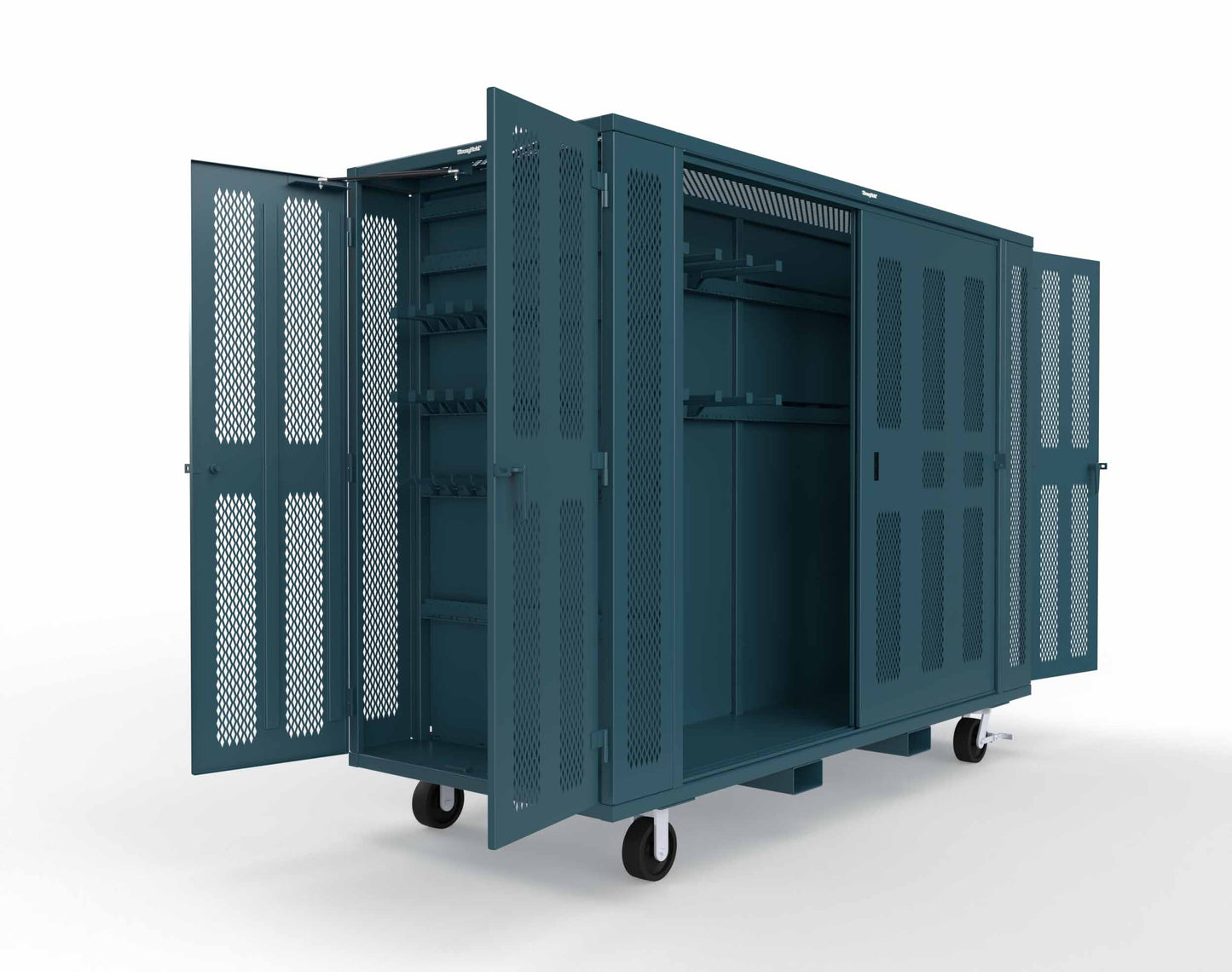 Extreme Duty Mobile Rigging Cabinet with 2 sets of 2 Ventilated Sliding Doors and 2 sets of 2 Ventilated Swing Doors with Short and Long Hangers  - 122 in. W x 50 in. D x 100 in. H - 10.27.6-4V-500-2SLD-2ED-40SH-16LH-FLP-CA-5001