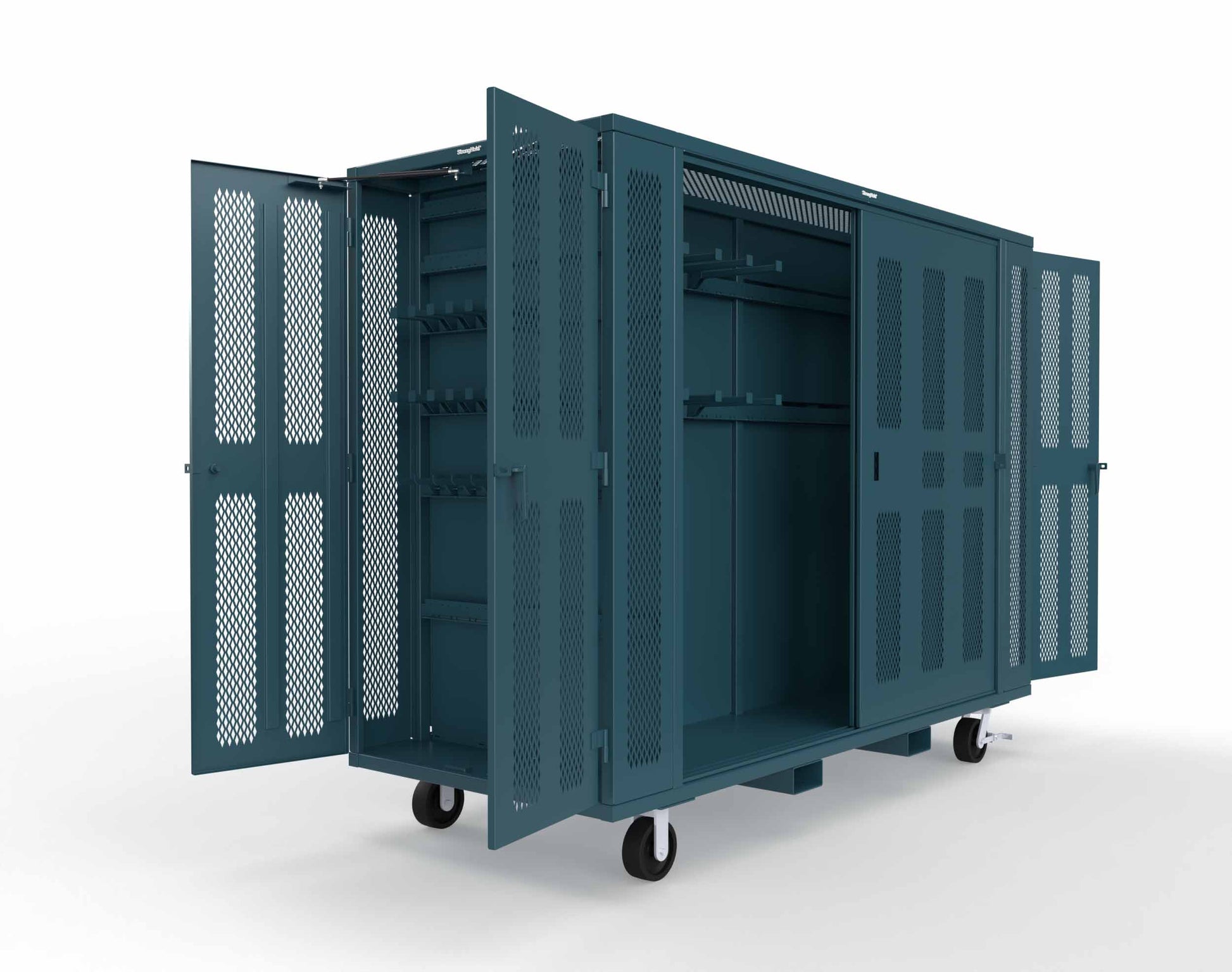 Extreme Duty Mobile Rigging Cabinet with 2 sets of 2 Ventilated Sliding Doors and 2 sets of 2 Ventilated Swing Doors with Short and Long Hangers  - 122 in. W x 50 in. D x 100 in. H - 10.27.6-4V-500-2SLD-2ED-40SH-16LH-FLP-CA-5001