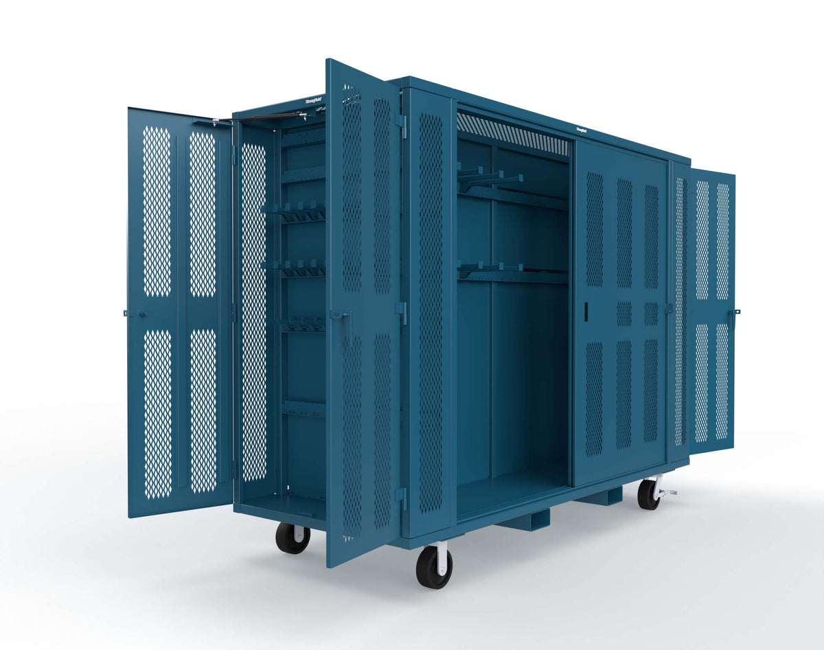 Extreme Duty Mobile Rigging Cabinet with 2 sets of 2 Ventilated Sliding Doors and 2 sets of 2 Ventilated Swing Doors with Short and Long Hangers - 122 in. W x 50 in. D x 100 in. H - 10.27.6-4V-500-2SLD-2ED-40SH-16LH-FLP-CA-5010