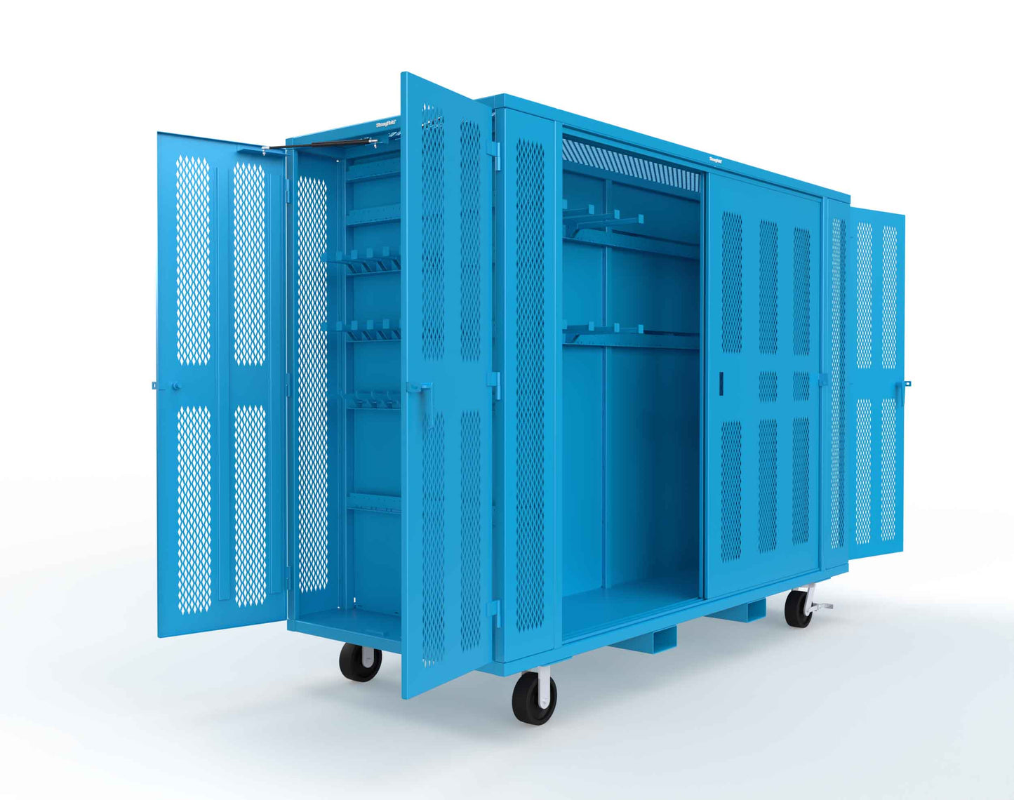 Extreme Duty Mobile Rigging Cabinet with 2 sets of 2 Ventilated Sliding Doors and 2 sets of 2 Ventilated Swing Doors with Short and Long Hangers  - 122 in. W x 50 in. D x 100 in. H - 10.27.6-4V-500-2SLD-2ED-40SH-16LH-FLP-CA-5012