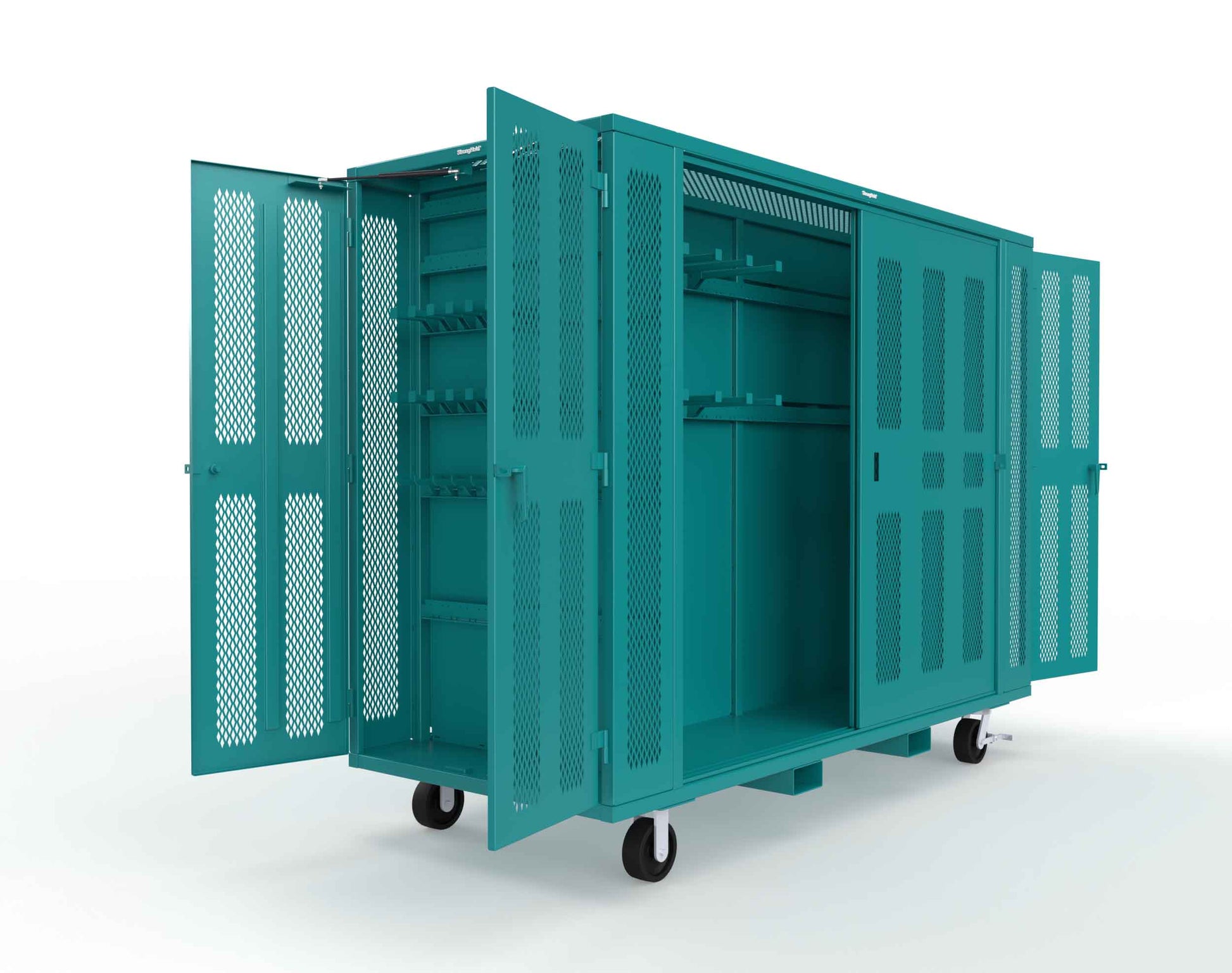 Extreme Duty Mobile Rigging Cabinet with 2 sets of 2 Ventilated Sliding Doors and 2 sets of 2 Ventilated Swing Doors with Short and Long Hangers  - 122 in. W x 50 in. D x 100 in. H - 10.27.6-4V-500-2SLD-2ED-40SH-16LH-FLP-CA-5021