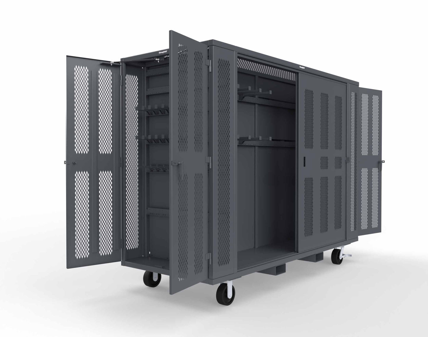 Extreme Duty Mobile Rigging Cabinet with 2 sets of 2 Ventilated Sliding Doors and 2 sets of 2 Ventilated Swing Doors with Short and Long Hangers  - 122 in. W x 50 in. D x 100 in. H - 10.27.6-4V-500-2SLD-2ED-40SH-16LH-FLP-CA-7024