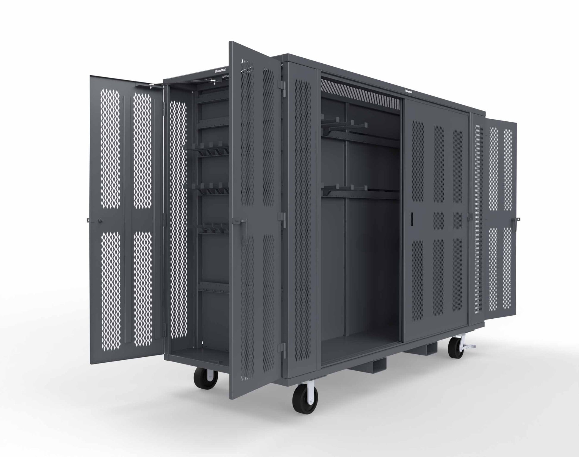 Extreme Duty Mobile Rigging Cabinet with 2 sets of 2 Ventilated Sliding Doors and 2 sets of 2 Ventilated Swing Doors with Short and Long Hangers  - 122 in. W x 50 in. D x 100 in. H - 10.27.6-4V-500-2SLD-2ED-40SH-16LH-FLP-CA-7024