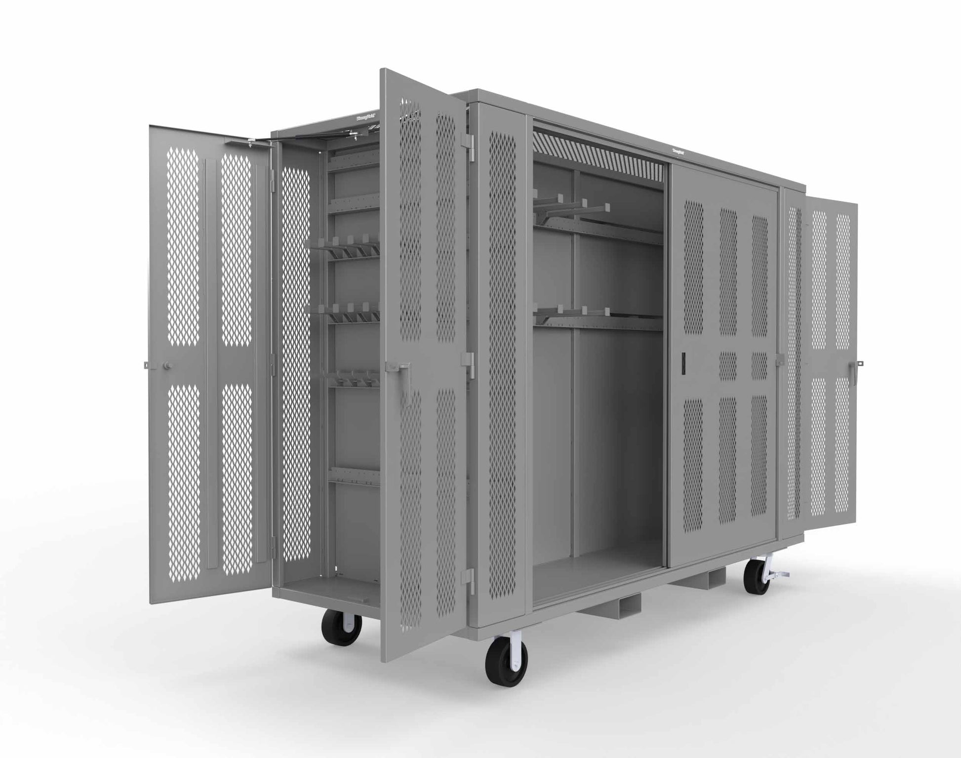 Extreme Duty Mobile Rigging Cabinet with 2 sets of 2 Ventilated Sliding Doors and 2 sets of 2 Ventilated Swing Doors with Short and Long Hangers  - 122 in. W x 50 in. D x 100 in. H - 10.27.6-4V-500-2SLD-2ED-40SH-16LH-FLP-CA-7037