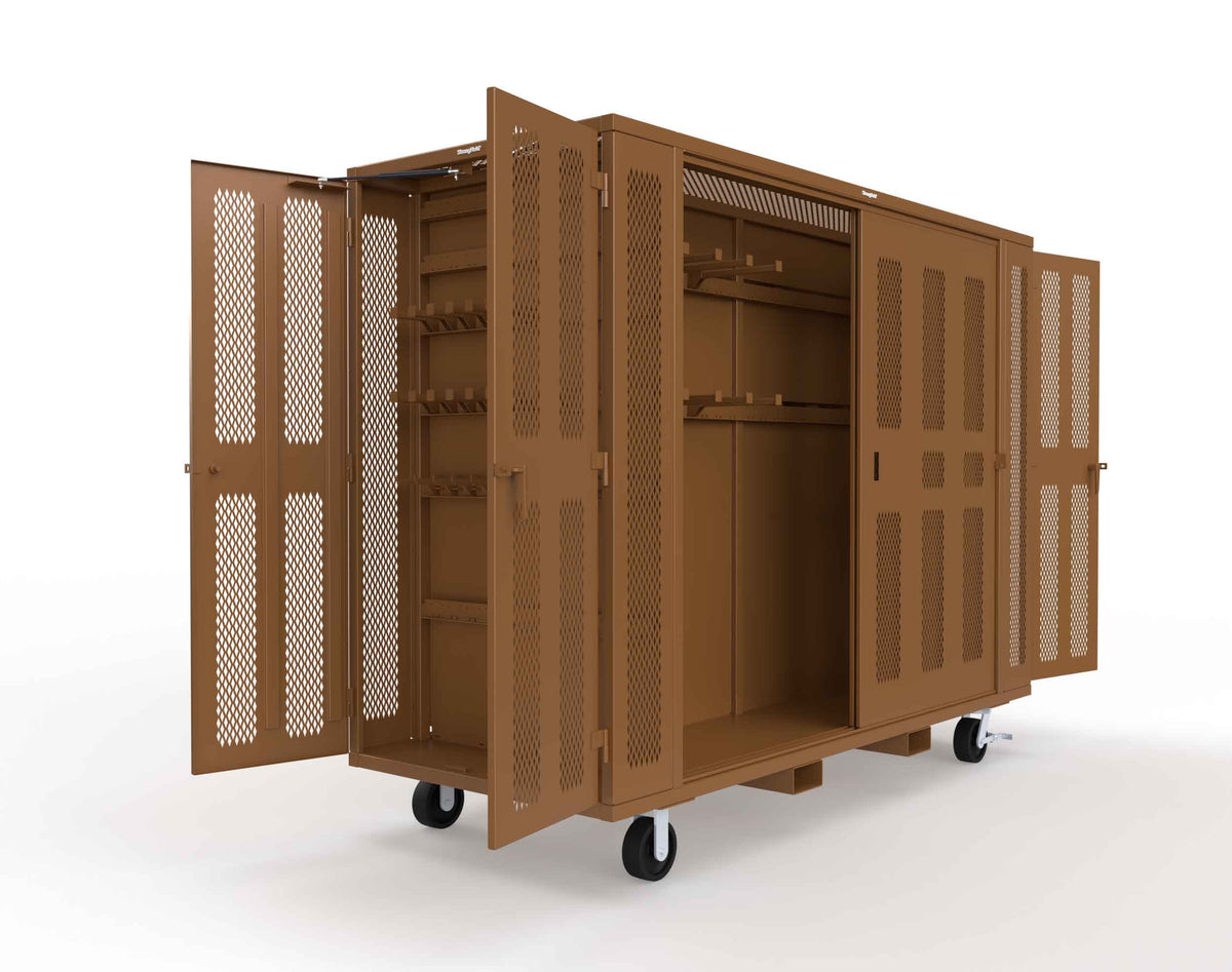 Extreme Duty Mobile Rigging Cabinet with 2 sets of 2 Ventilated Sliding Doors and 2 sets of 2 Ventilated Swing Doors with Short and Long Hangers - 122 in. W x 50 in. D x 100 in. H - 10.27.6-4V-500-2SLD-2ED-40SH-16LH-FLP-CA-8025