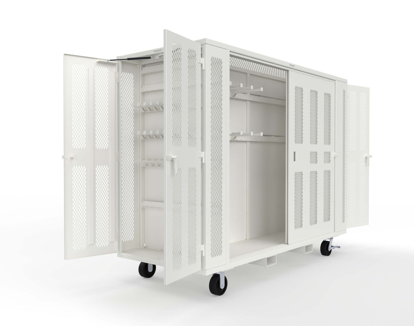 Extreme Duty Mobile Rigging Cabinet with 2 sets of 2 Ventilated Sliding Doors and 2 sets of 2 Ventilated Swing Doors with Short and Long Hangers  - 122 in. W x 50 in. D x 100 in. H - 10.27.6-4V-500-2SLD-2ED-40SH-16LH-FLP-CA-9003