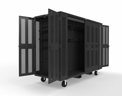 Extreme Duty Mobile Rigging Cabinet with 2 sets of 2 Ventilated Sliding Doors and 2 sets of 2 Ventilated Swing Doors with Short and Long Hangers  - 122 in. W x 50 in. D x 100 in. H - 10.27.6-4V-500-2SLD-2ED-40SH-16LH-FLP-CA-9005