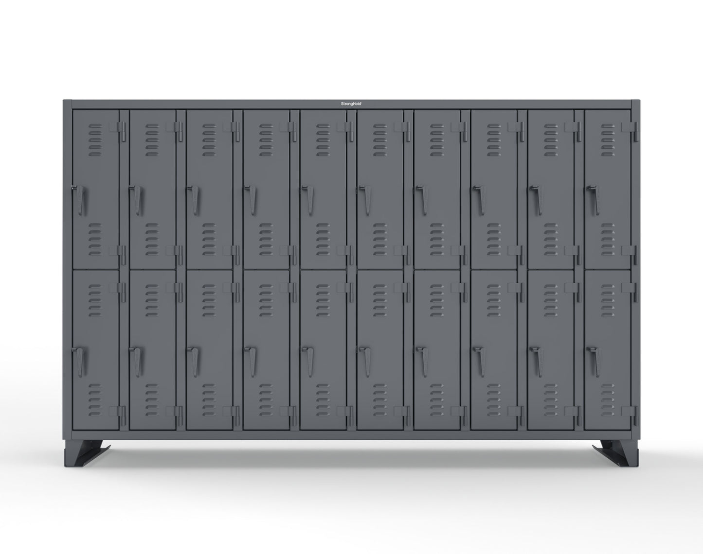 Extreme Duty 12 GA Double-Tier Locker with 20 Compartments, Louvered Doors, Coat Hooks - 122 in. W x 18in. D x 78 in. H - 106-18-2TSL-7024