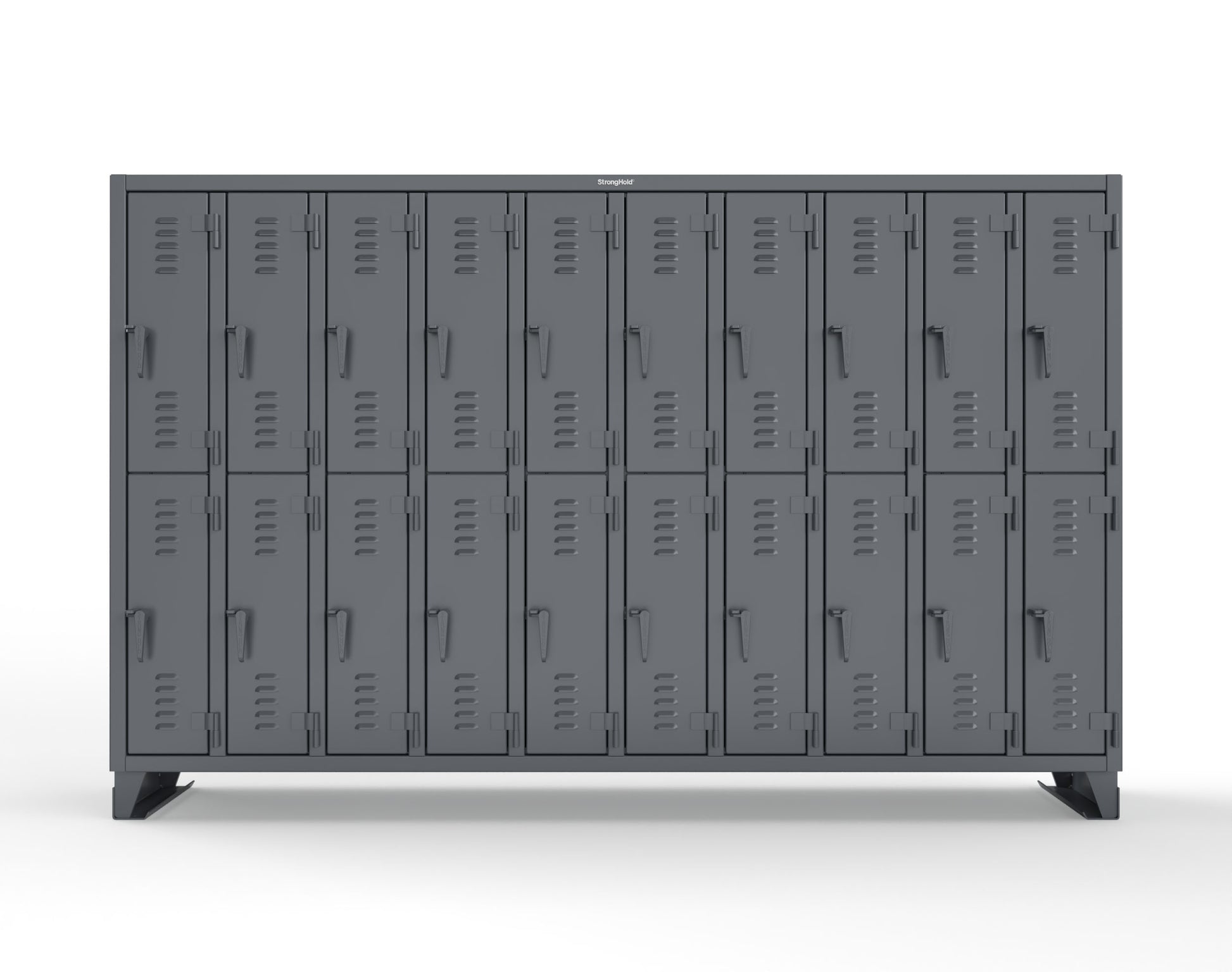Extreme Duty 12 GA Double-Tier Locker with 20 Compartments, Louvered Doors, Coat Hooks - 122 in. W x 18in. D x 78 in. H - 106-18-2TSL-7024