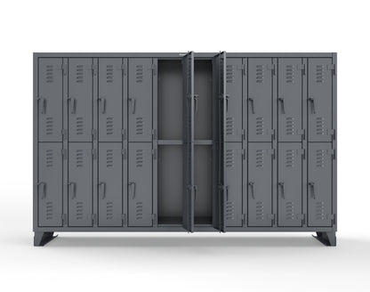 Extreme Duty 12 GA Double-Tier Locker with 20 Compartments, Louvered Doors, Coat Hooks - 122 in. W x 18in. D x 78 in. H - 106-18-2TSL-7024