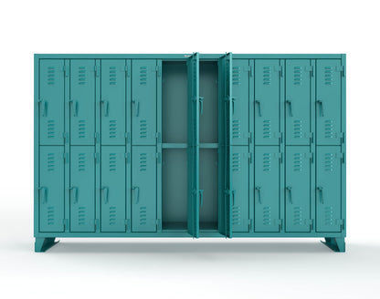 Extreme Duty 12 GA Double-Tier Locker with 20 Compartments, Louvered Doors, Coat Hooks - 122 in. W x 18in. D x 78 in. H - 106-18-2TSL-5021