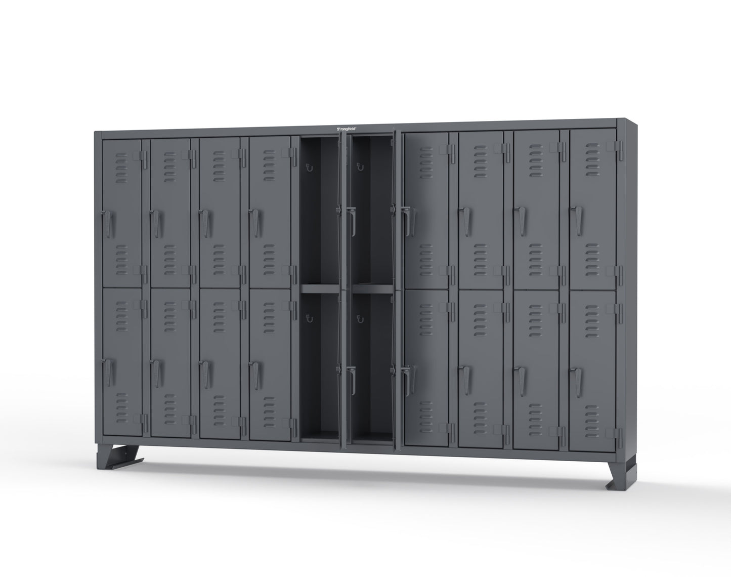 Extreme Duty 12 GA Double-Tier Locker with 20 Compartments, Louvered Doors, Coat Hooks - 122 in. W x 18in. D x 78 in. H - 106-18-2TSL-7024