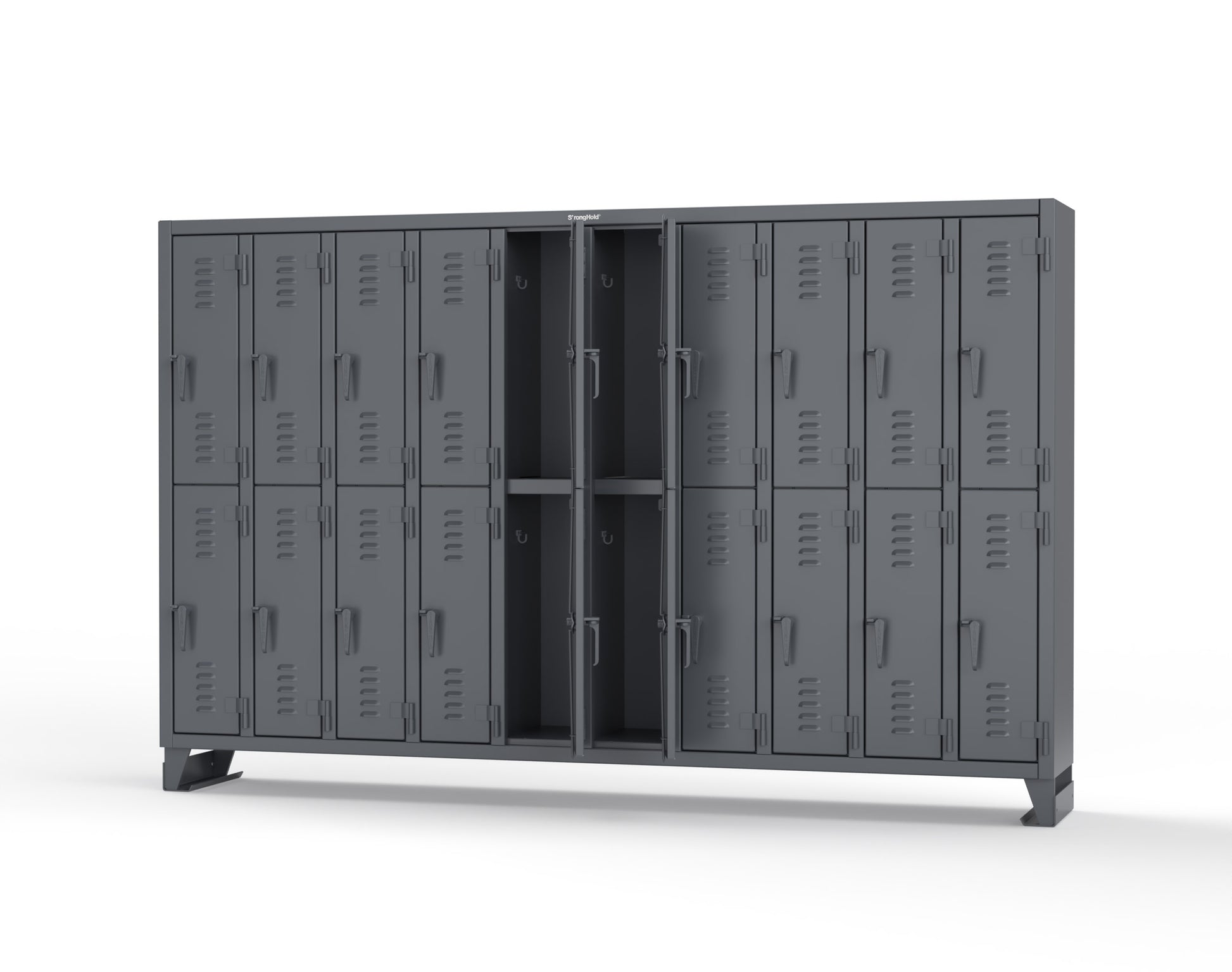 Extreme Duty 12 GA Double-Tier Locker with 20 Compartments, Louvered Doors, Coat Hooks - 122 in. W x 18in. D x 78 in. H - 106-18-2TSL-7024