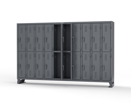 Extreme Duty 12 GA Double-Tier Locker with 20 Compartments, Louvered Doors, Coat Hooks - 122 in. W x 18in. D x 78 in. H - 106-18-2TSL-7024