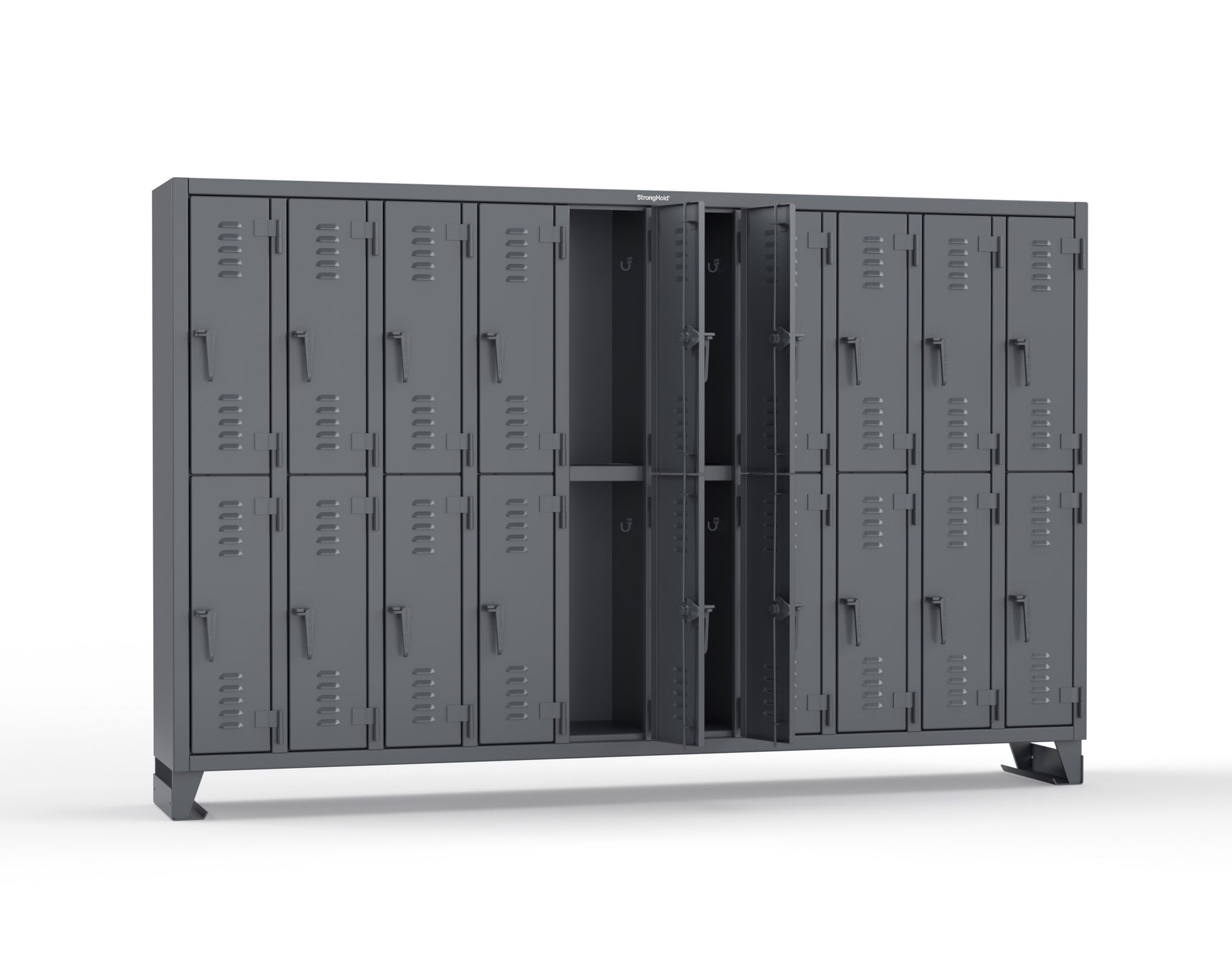 Extreme Duty 12 GA Double-Tier Locker with 20 Compartments, Louvered Doors, Coat Hooks - 122 in. W x 18in. D x 78 in. H - 106-18-2TSL-7024