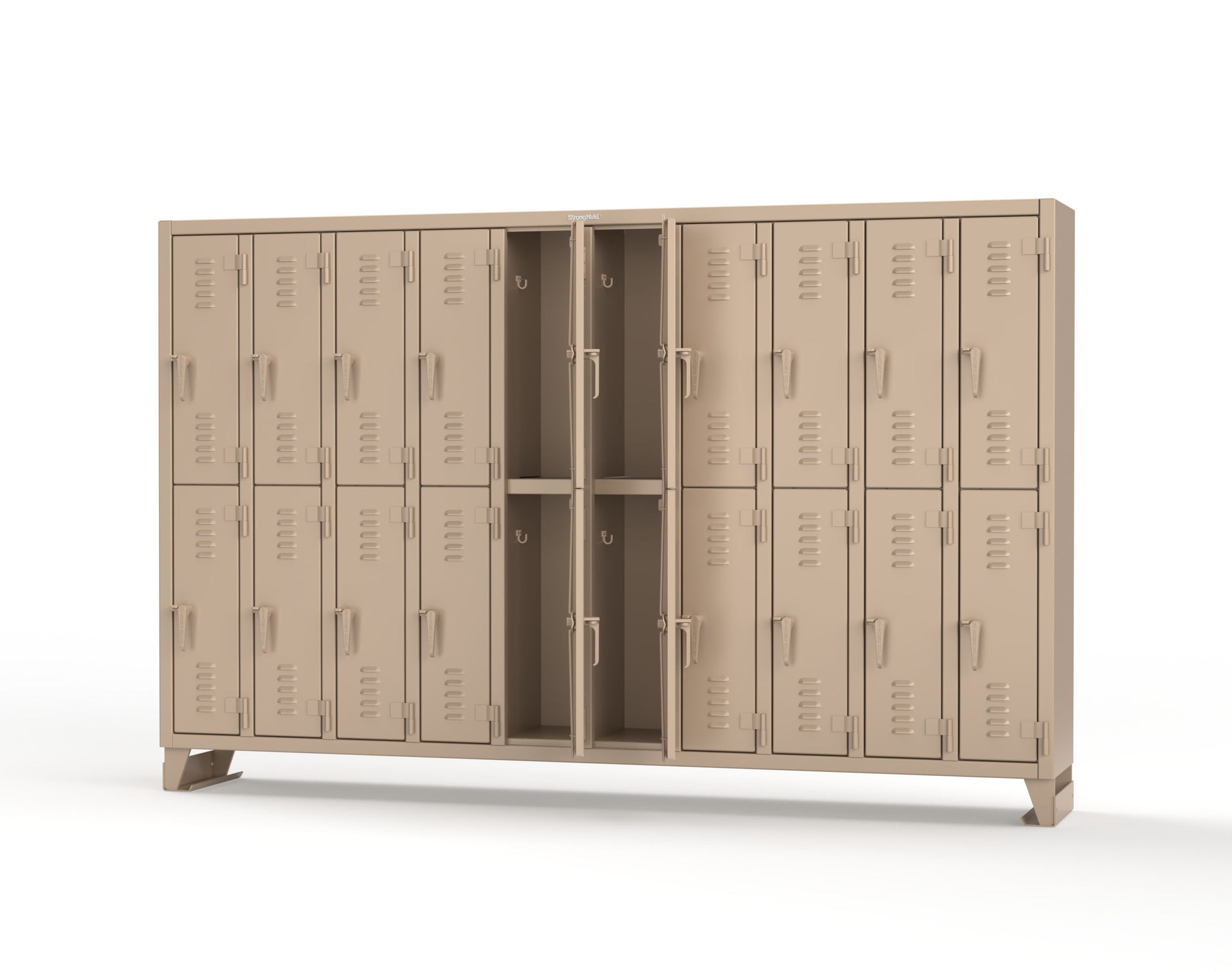 Extreme Duty 12 GA Double-Tier Locker with 20 Compartments, Louvered Doors, Coat Hooks - 122 in. W x 18in. D x 78 in. H - 106-18-2TSL-1019