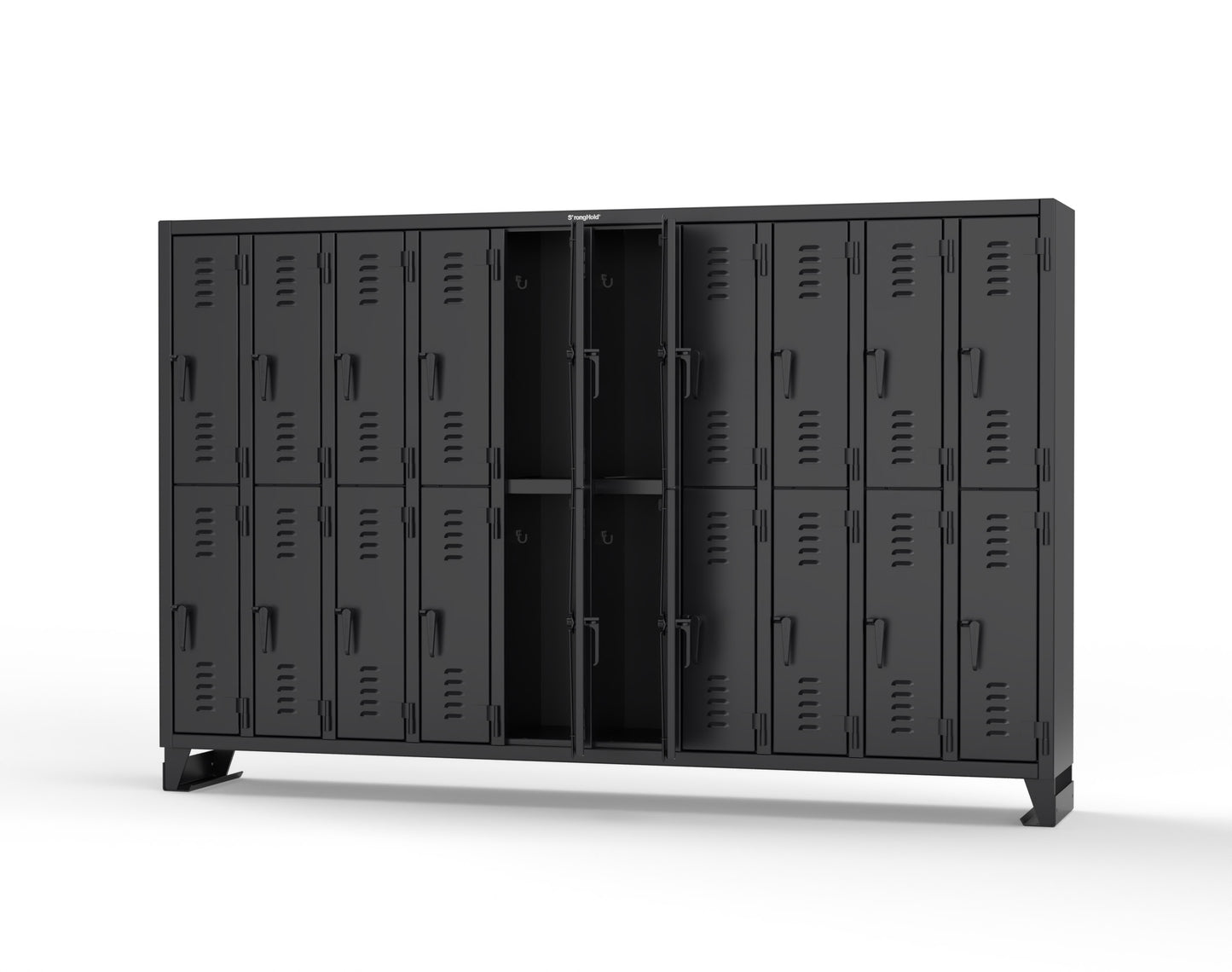 Extreme Duty 12 GA Double-Tier Locker with 20 Compartments, Louvered Doors, Coat Hooks - 122 in. W x 18in. D x 78 in. H - 106-18-2TSL-9005