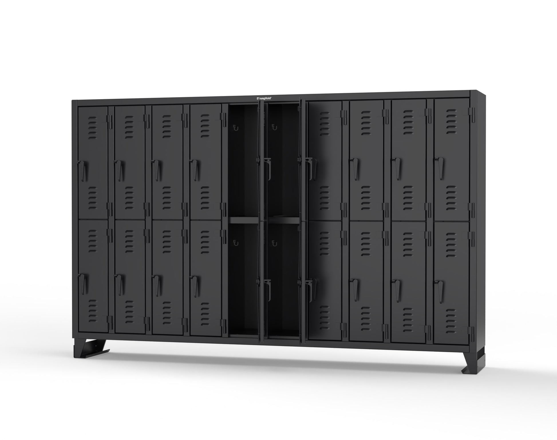 Extreme Duty 12 GA Double-Tier Locker with 20 Compartments, Louvered Doors, Coat Hooks - 122 in. W x 18in. D x 78 in. H - 106-18-2TSL-9005