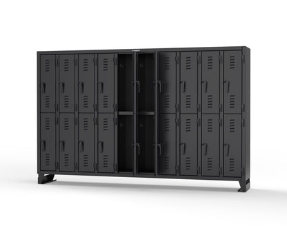 Extreme Duty 12 GA Double-Tier Locker with 20 Compartments, Louvered Doors, Coat Hooks - 122 in. W x 18in. D x 78 in. H - 106-18-2TSL-9005