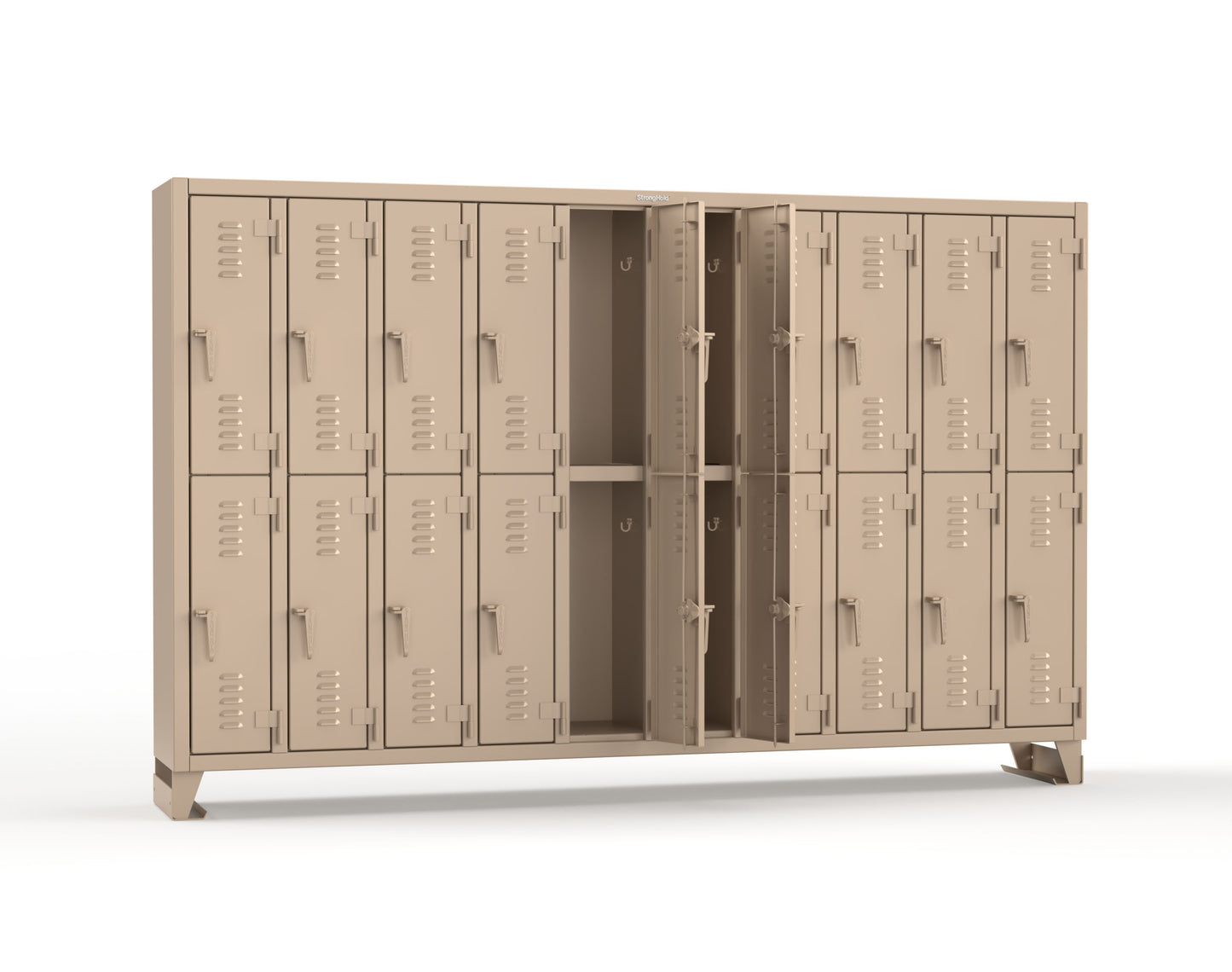 Extreme Duty 12 GA Double-Tier Locker with 20 Compartments, Louvered Doors, Coat Hooks - 122 in. W x 18in. D x 78 in. H - 106-18-2TSL-1019