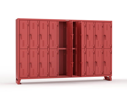 Extreme Duty 12 GA Double-Tier Locker with 20 Compartments, Louvered Doors, Coat Hooks - 122 in. W x 18in. D x 78 in. H - 106-18-2TSL-3001