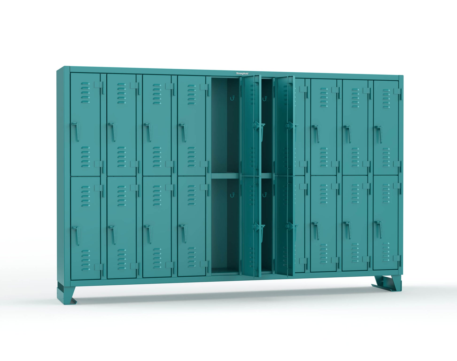 Extreme Duty 12 GA Double-Tier Locker with 20 Compartments, Louvered Doors, Coat Hooks - 122 in. W x 18in. D x 78 in. H - 106-18-2TSL-5021