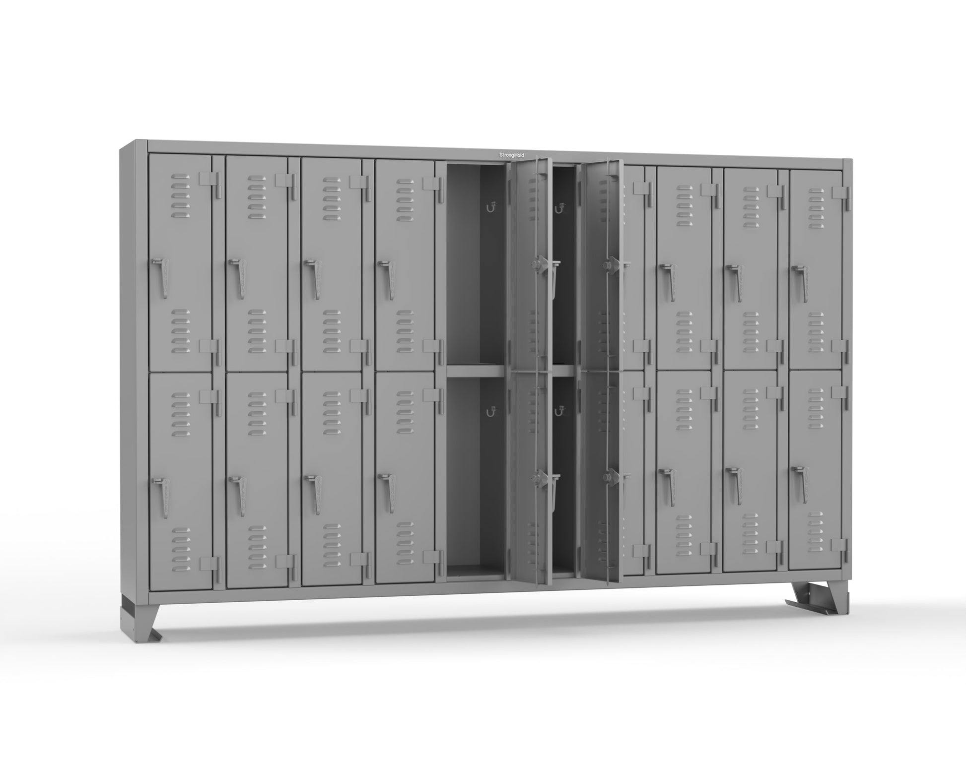 Extreme Duty 12 GA Double-Tier Locker with 20 Compartments, Louvered Doors, Coat Hooks - 122 in. W x 18in. D x 78 in. H - 106-18-2TSL-7037