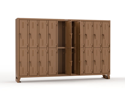 Extreme Duty 12 GA Double-Tier Locker with 20 Compartments, Louvered Doors, Coat Hooks - 122 in. W x 18in. D x 78 in. H - 106-18-2TSL-8025