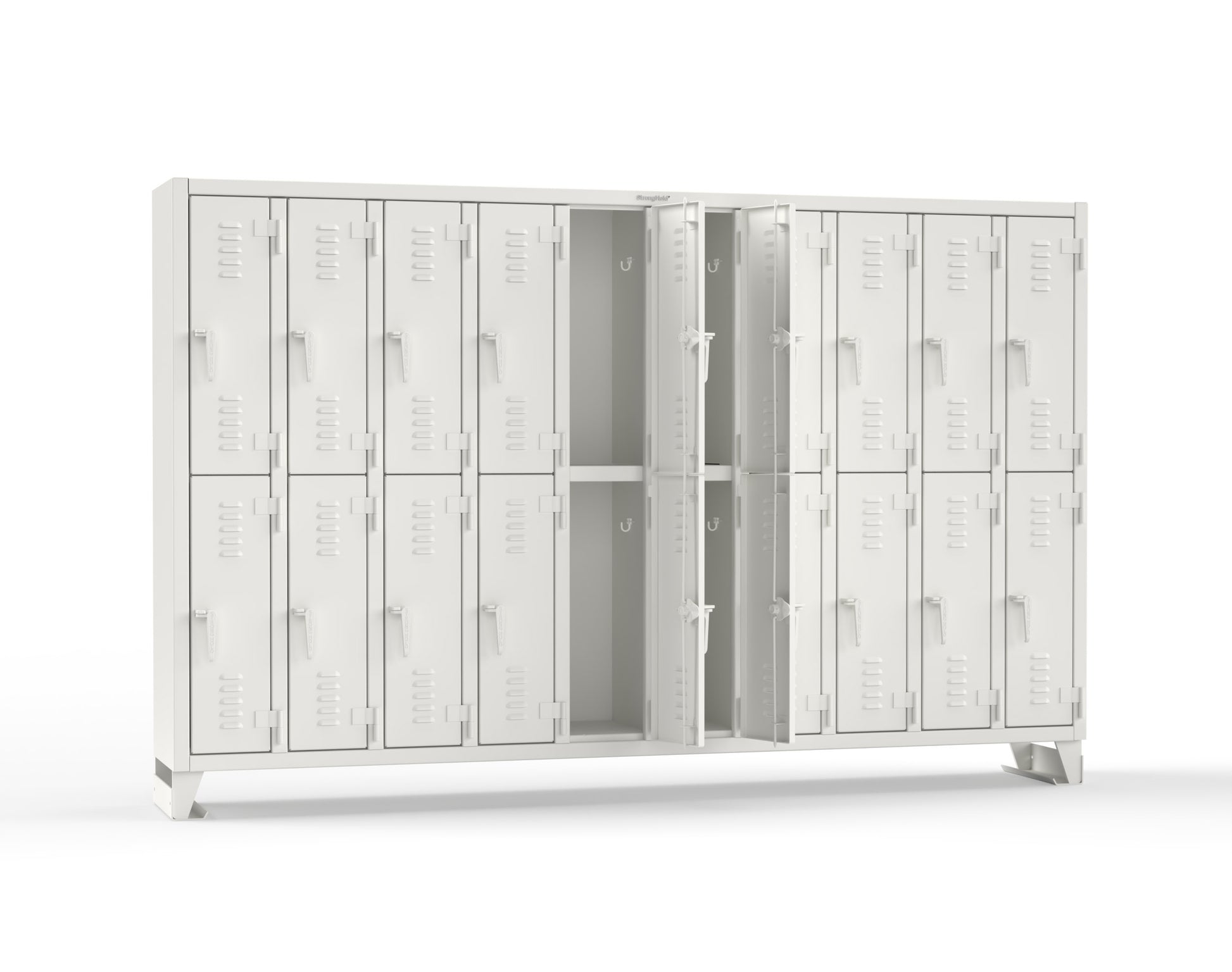 Extreme Duty 12 GA Double-Tier Locker with 20 Compartments, Louvered Doors, Coat Hooks - 122 in. W x 18in. D x 78 in. H - 106-18-2TSL-9003