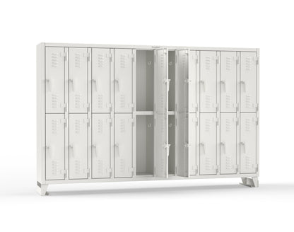 Extreme Duty 12 GA Double-Tier Locker with 20 Compartments, Louvered Doors, Coat Hooks - 122 in. W x 18in. D x 78 in. H - 106-18-2TSL-9003