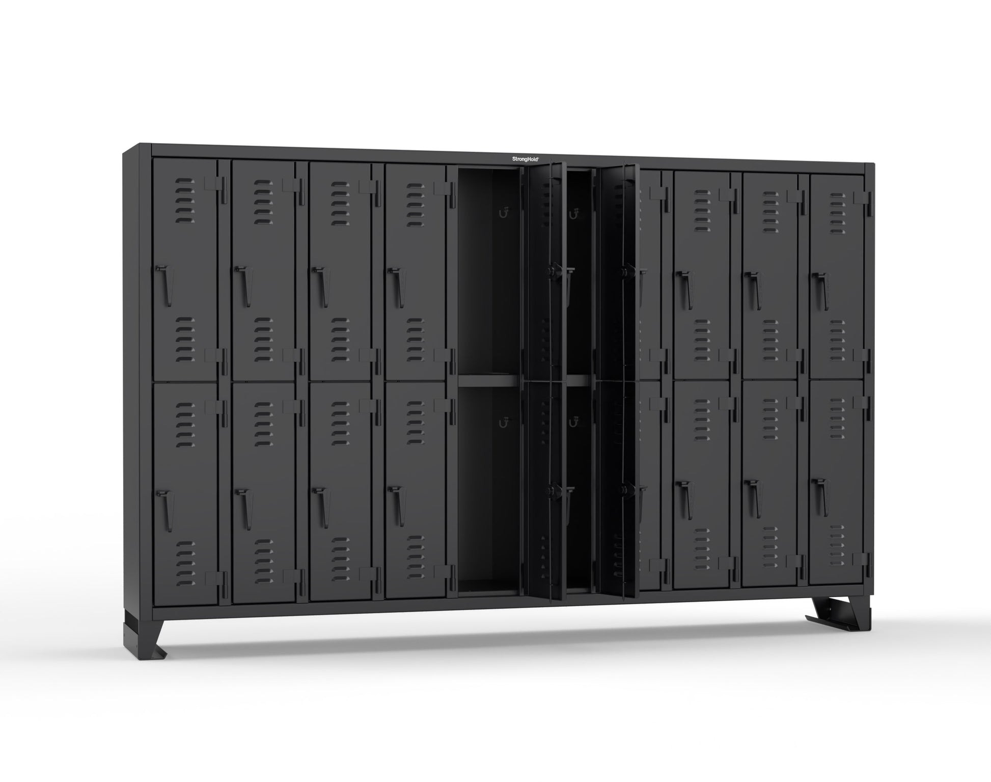 Extreme Duty 12 GA Double-Tier Locker with 20 Compartments, Louvered Doors, Coat Hooks - 122 in. W x 18in. D x 78 in. H - 106-18-2TSL-9005