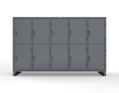 Extreme Duty 12 GA Double-Tier Locker with 10 Compartments, 15 Shelves, 20 Drawers - 122 in. W x 24in. D x 78 in. H - 106-24-2TPL-20DB-7024