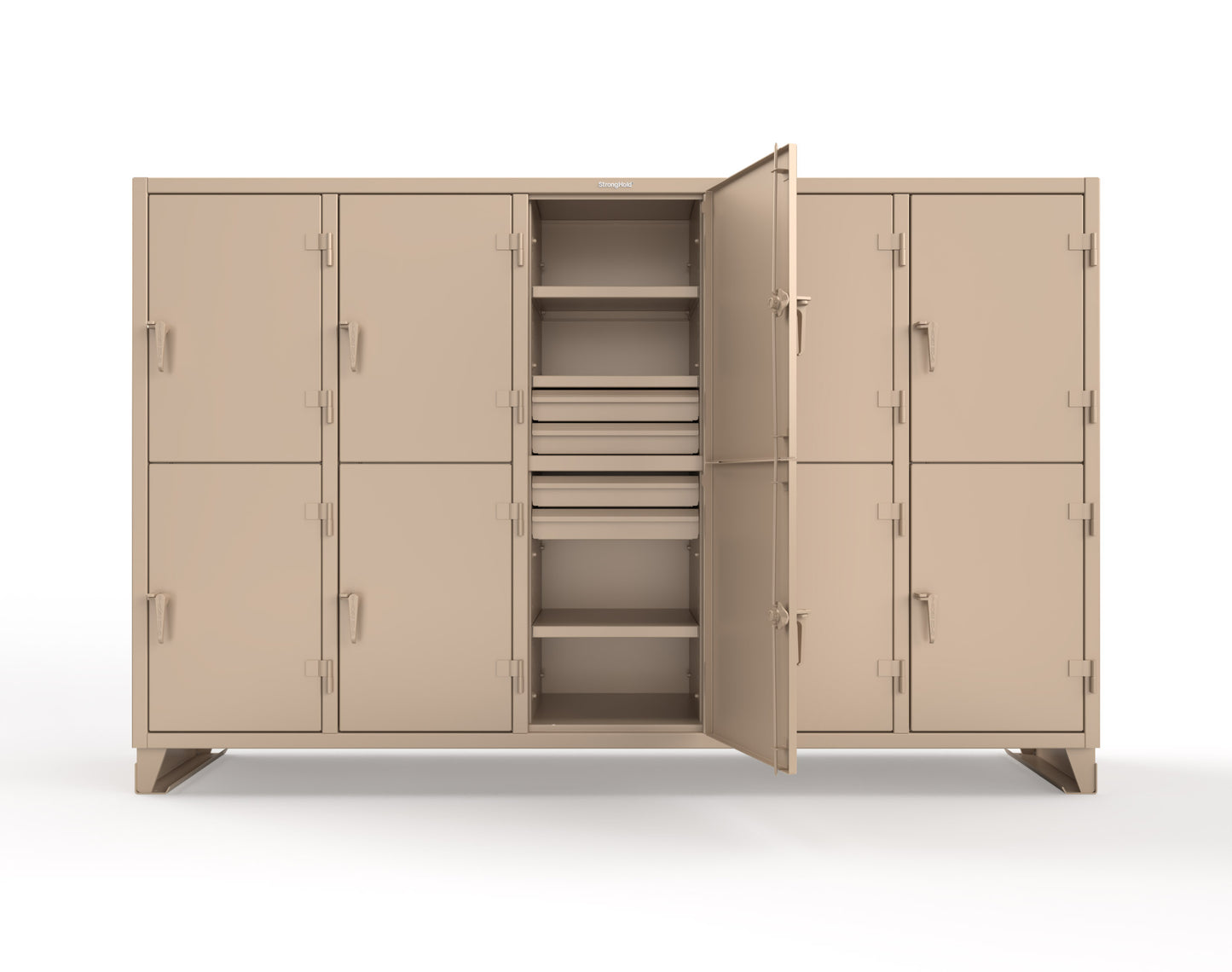 Extreme Duty 12 GA Double-Tier Locker with 10 Compartments, 15 Shelves, 20 Drawers - 122 in. W x 24in. D x 78 in. H - 106-24-2TPL-20DB-1019