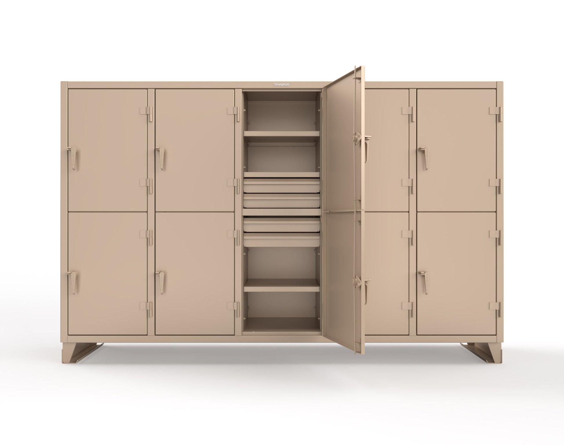 Extreme Duty 12 GA Double-Tier Locker with 10 Compartments, 15 Shelves, 20 Drawers - 122 in. W x 24in. D x 78 in. H - 106-24-2TPL-20DB-1019