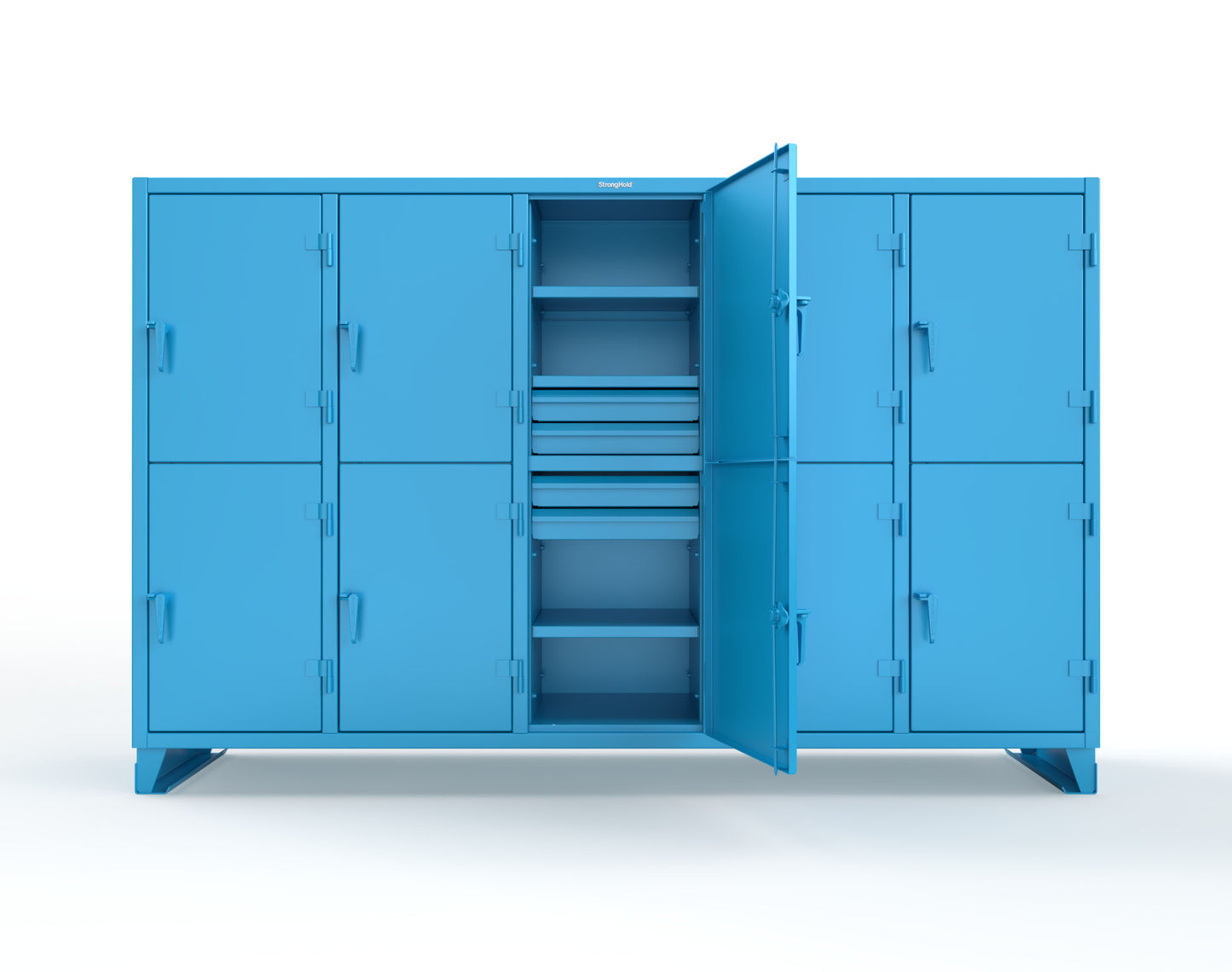 Extreme Duty 12 GA Double-Tier Locker with 10 Compartments, 15 Shelves, 20 Drawers - 122 in. W x 24in. D x 78 in. H - 106-24-2TPL-20DB-5012
