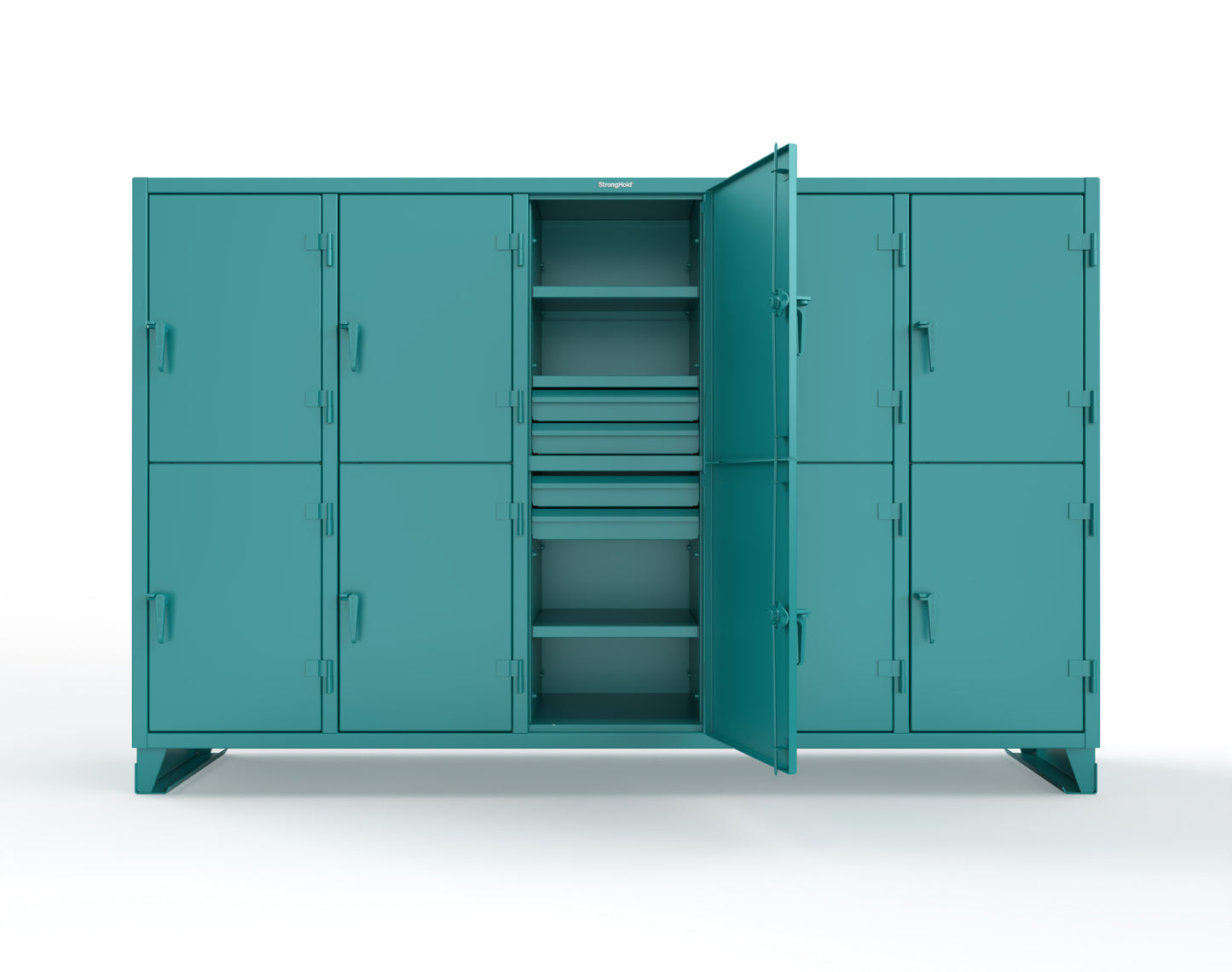 Extreme Duty 12 GA Double-Tier Locker with 10 Compartments, 15 Shelves, 20 Drawers - 122 in. W x 24in. D x 78 in. H - 106-24-2TPL-20DB-5021