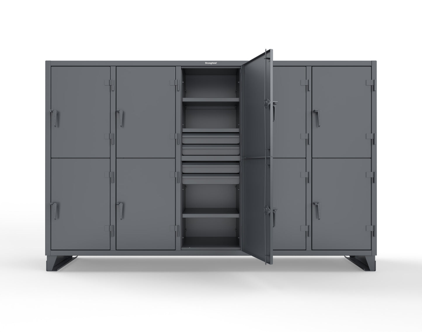 Extreme Duty 12 GA Double-Tier Locker with 10 Compartments, 15 Shelves, 20 Drawers - 122 in. W x 24in. D x 78 in. H - 106-24-2TPL-20DB-7024