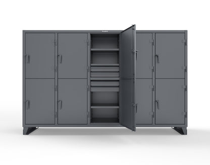 Extreme Duty 12 GA Double-Tier Locker with 10 Compartments, 15 Shelves, 20 Drawers - 122 in. W x 24in. D x 78 in. H - 106-24-2TPL-20DB-7024