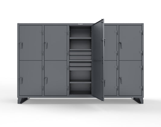 Extreme Duty 12 GA Double-Tier Locker with 10 Compartments, 15 Shelves, 20 Drawers - 122 in. W x 24in. D x 78 in. H - 106-24-2TPL-20DB-7024