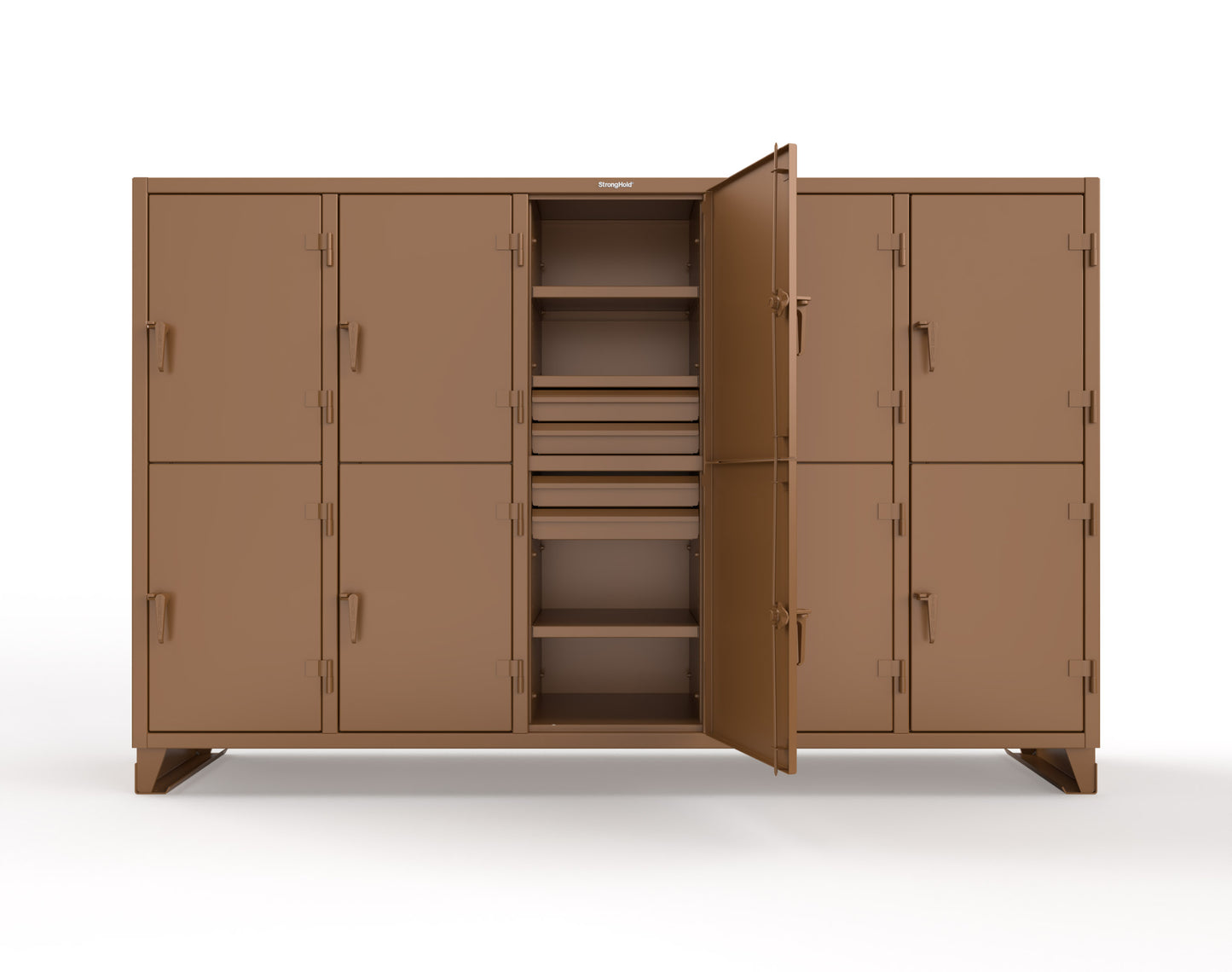 Extreme Duty 12 GA Double-Tier Locker with 10 Compartments, 15 Shelves, 20 Drawers - 122 in. W x 24in. D x 78 in. H - 106-24-2TPL-20DB-8025