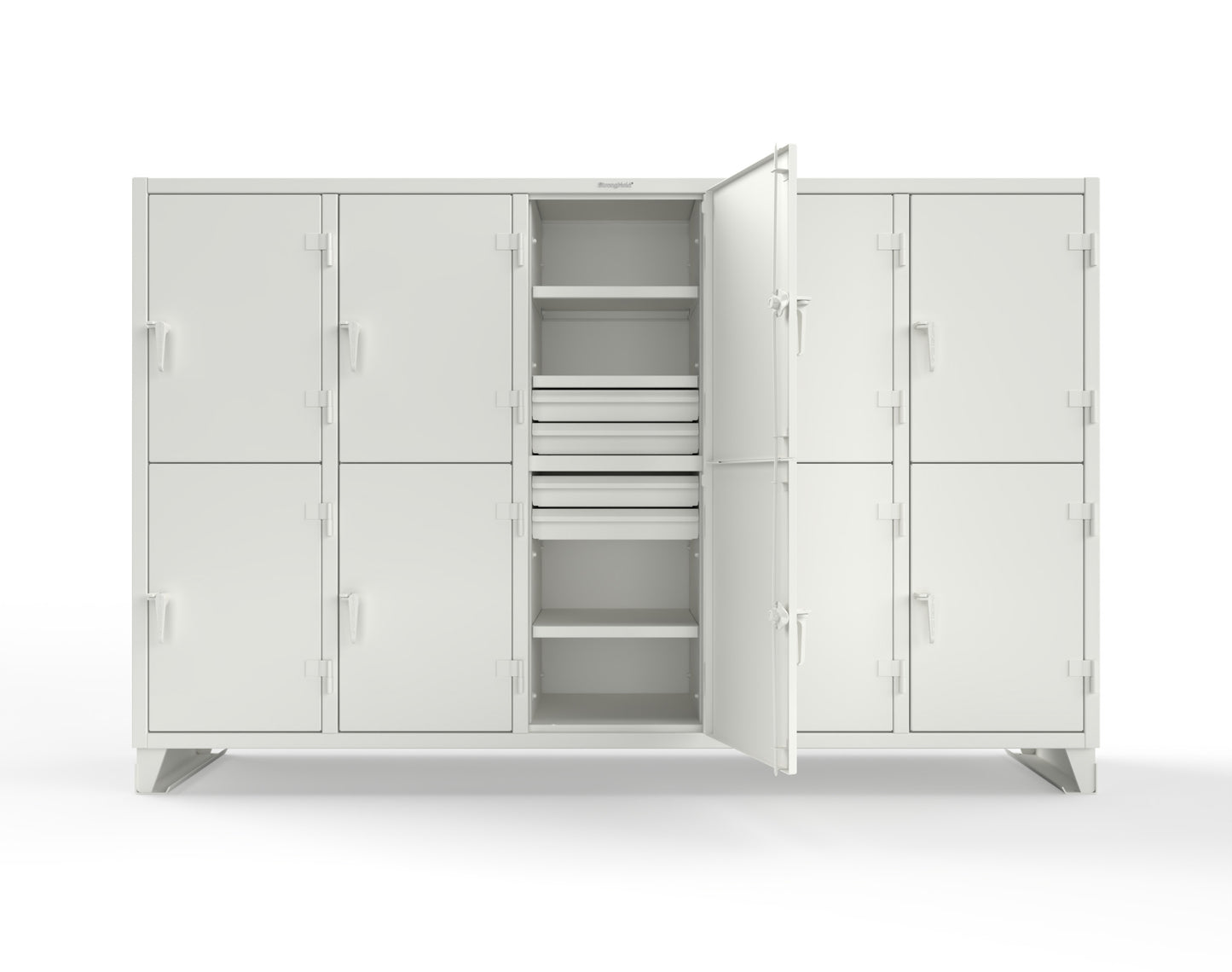 Extreme Duty 12 GA Double-Tier Locker with 10 Compartments, 15 Shelves, 20 Drawers - 122 in. W x 24in. D x 78 in. H - 106-24-2TPL-20DB-9003