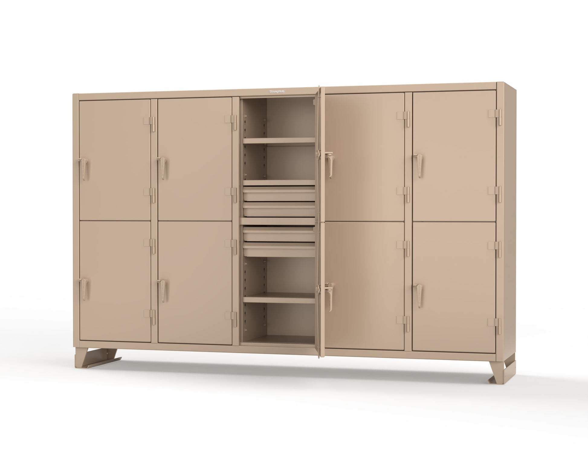 Extreme Duty 12 GA Double-Tier Locker with 10 Compartments, 15 Shelves, 20 Drawers - 122 in. W x 24in. D x 78 in. H - 106-24-2TPL-20DB-1019
