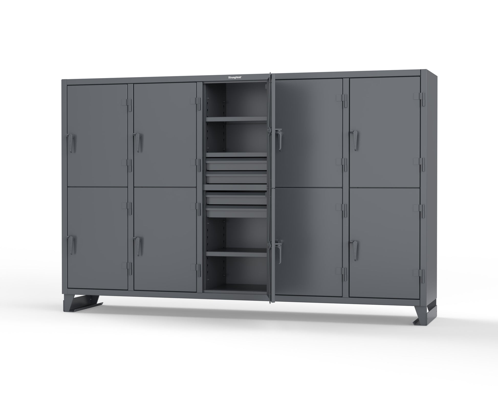 Extreme Duty 12 GA Double-Tier Locker with 10 Compartments, 15 Shelves, 20 Drawers - 122 in. W x 24in. D x 78 in. H - 106-24-2TPL-20DB-7024